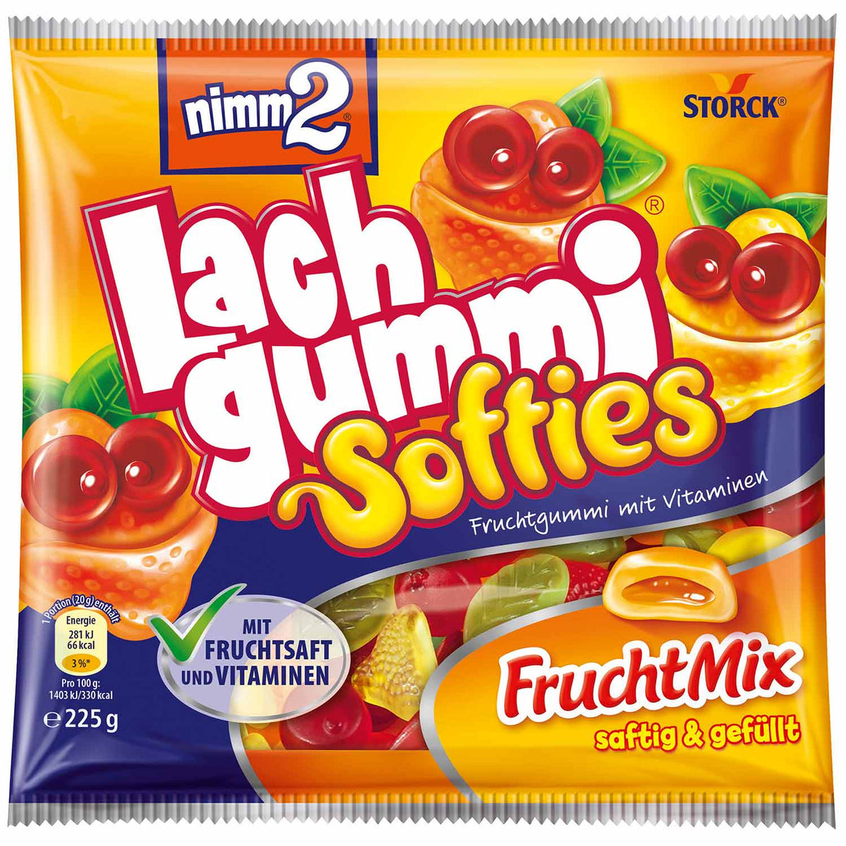 Nimm2 Lachgummi Softies Weiches Fruchtgummi mit Vitaminen 225g Beutel – Produktansicht