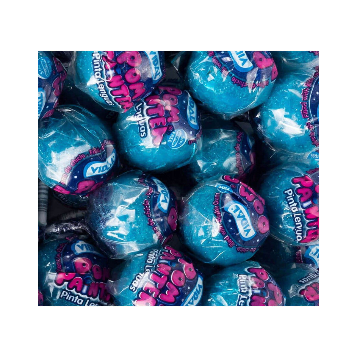 Vidal Pom Painter Lutscher mit blauem Glitzereffekt und Himbeergeschmack, 100 Stück – Detailansicht