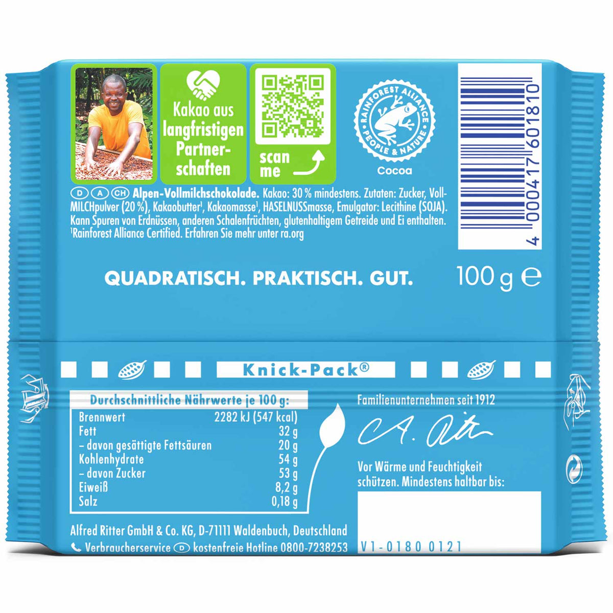 Ritter Sport Alpenmilch Schokolade 100g Tafel – Detailansicht