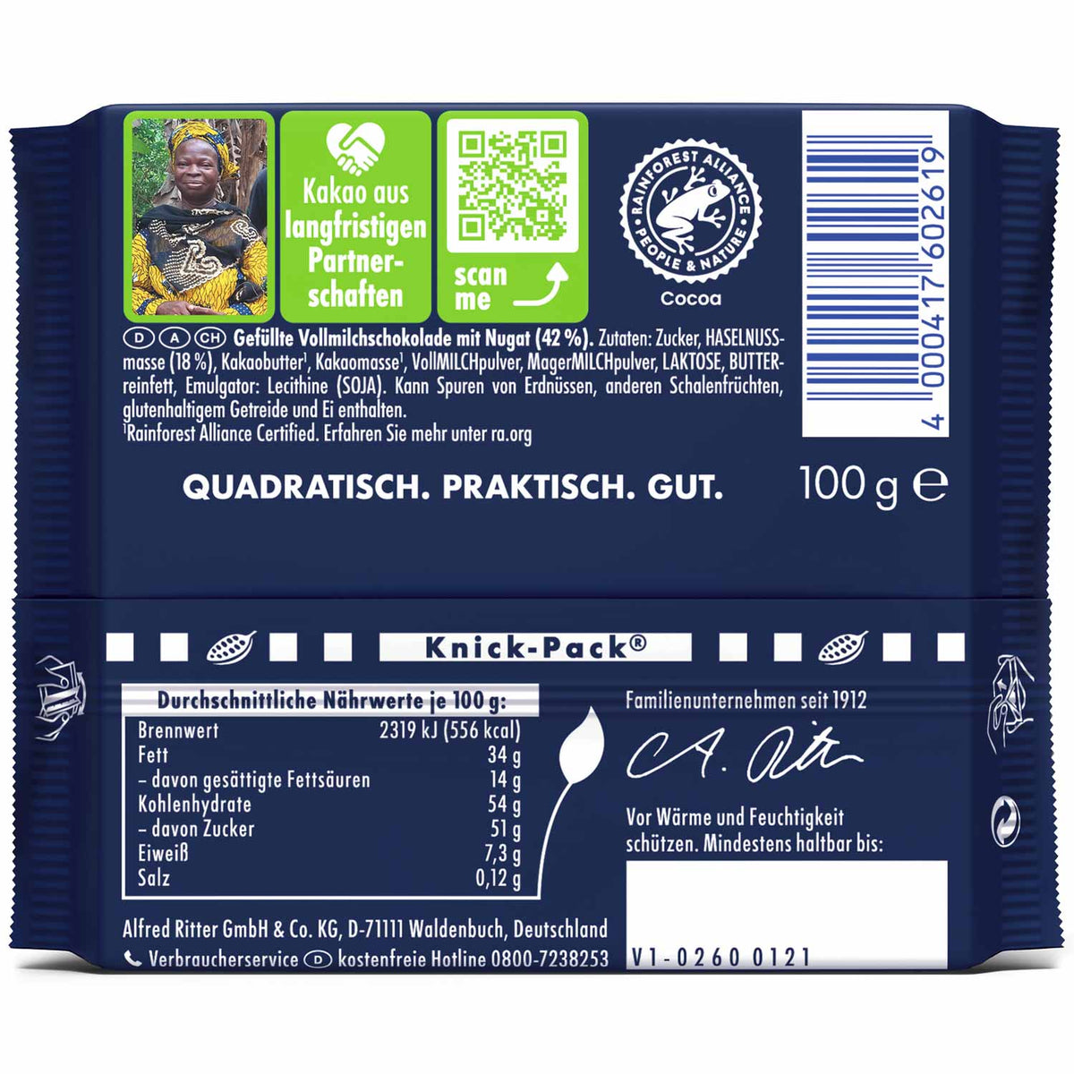 Ritter Sport Nugat Vollmilchschokolade 100g mit cremiger Nugat-Füllung – Seitenansicht