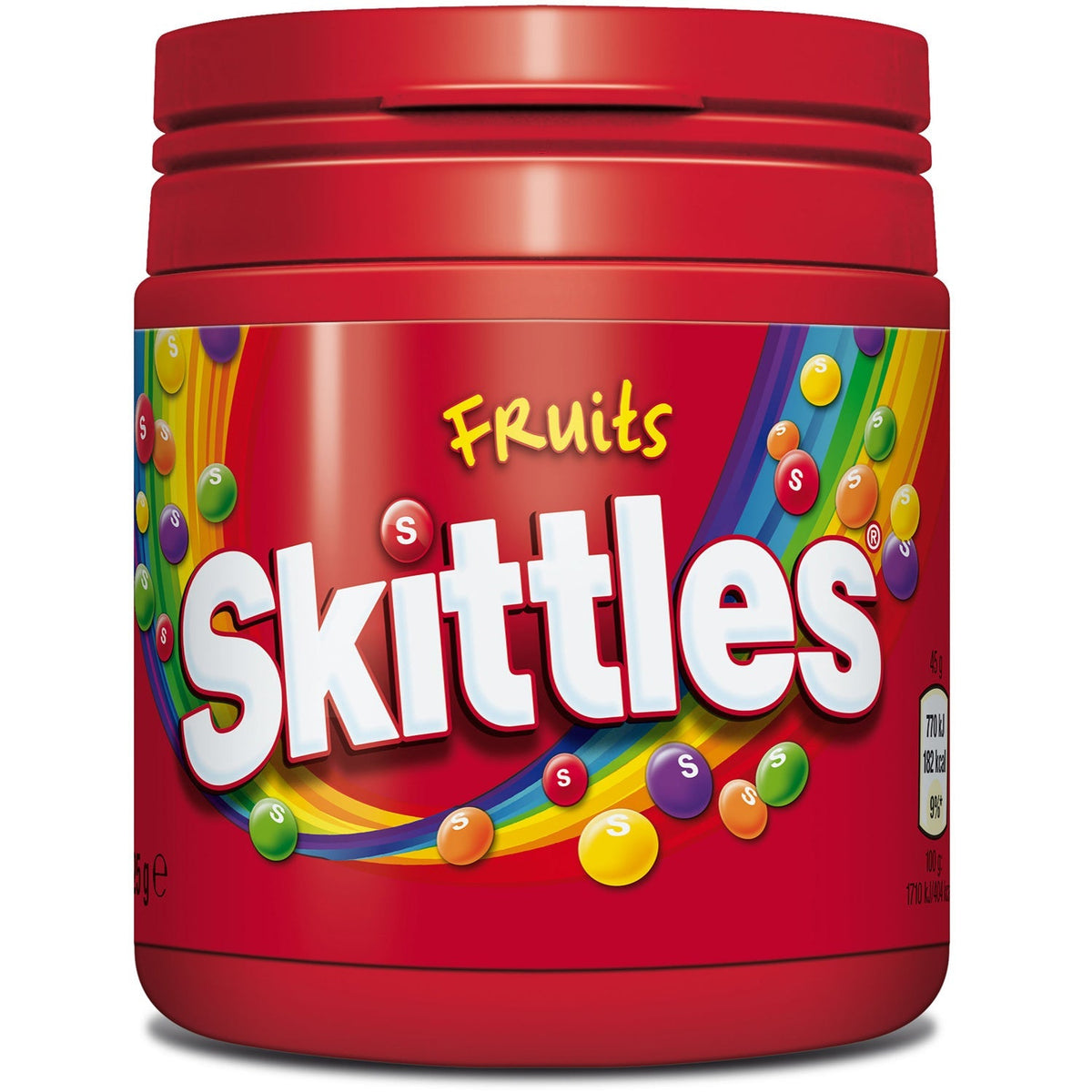 Skittles Fruits 125g Kaudragees in praktischer Kunststoff-Vorratsdose – Produktansicht