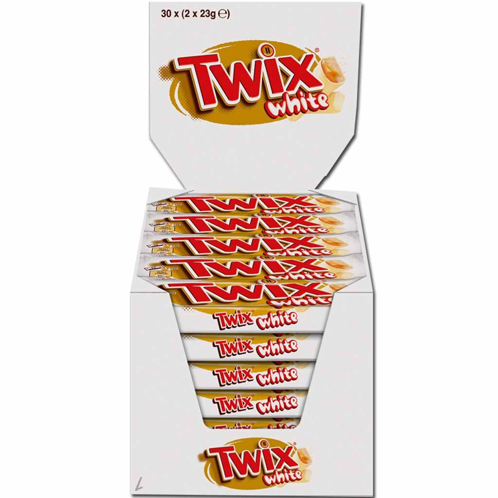 Twix White Riegel 32 x 46g Packung mit weisser Schokolade – Produktansicht