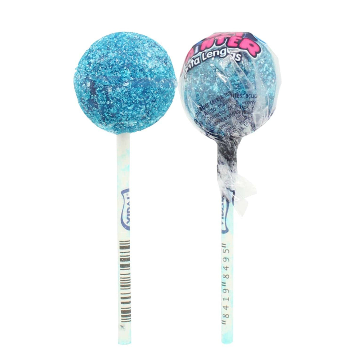 Vidal Pom Painter Lutscher mit blauem Glitzereffekt und Himbeergeschmack, 100 Stück – Seitenansicht