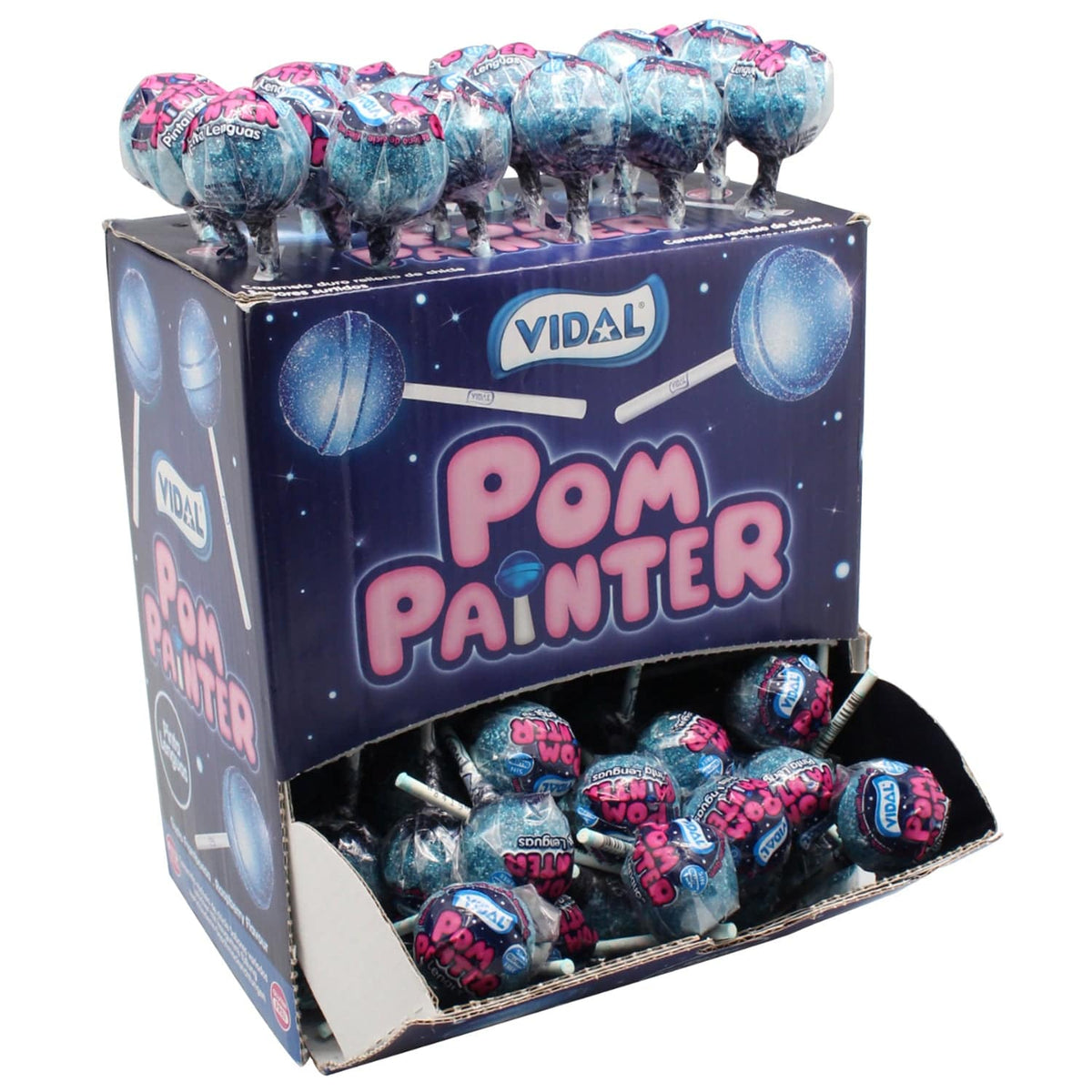 Vidal Pom Painter Lutscher mit blauem Glitzereffekt und Himbeergeschmack, 100 Stück – Produktansicht