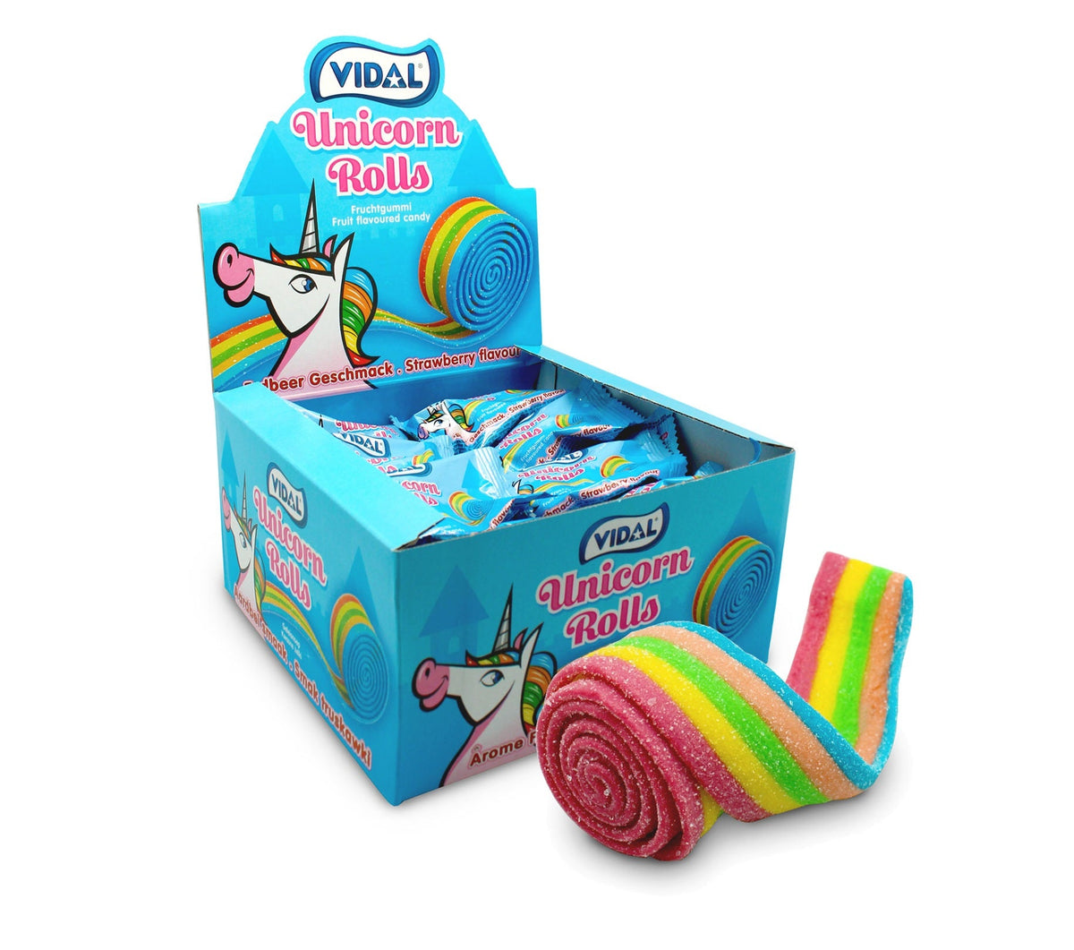 Vidal Unicorn Rolls Fruchtgummi Rolle Erdbeer 24x19g im Thekendisplay – Produktansicht