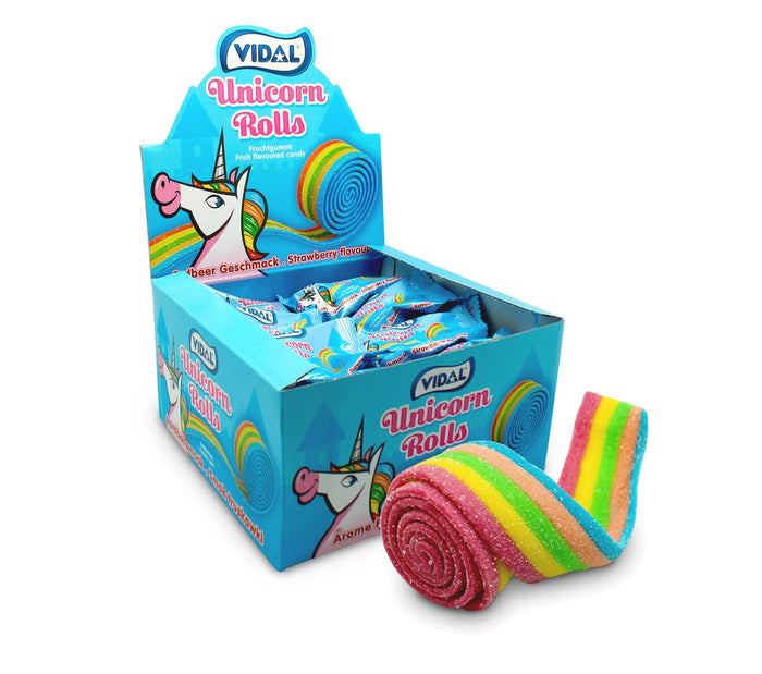 Vidal Unicorn Rolls Fruchtgummi Rolle Erdbeer 24x19g im Thekendisplay – Produktansicht