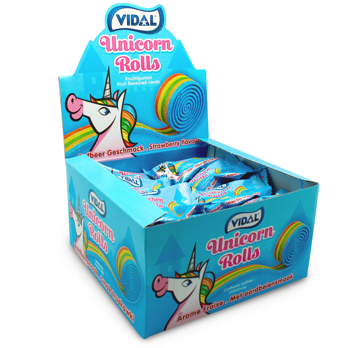 Vidal Unicorn Rolls Fruchtgummi Rolle Erdbeer 24x19g im Thekendisplay – Detailansicht