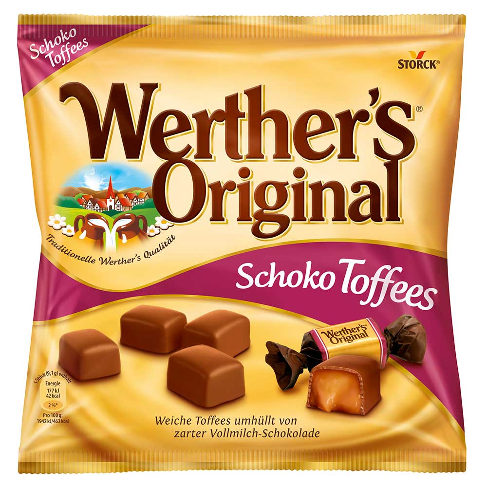 Werthers Original Schoko Toffees 180g einzeln gewickelte Karamellbonbons mit Vollmilchschokolade – Produktansicht