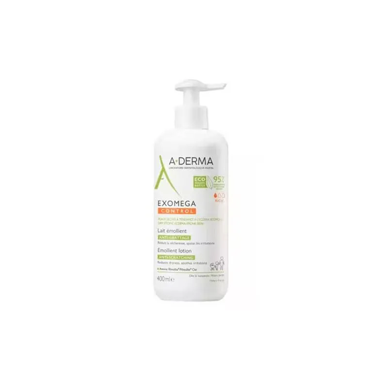 A-Derma Exomega Kontrolle Emollient Milch 400ml in weisser Flasche mit grünem Etikett kaufen Schweiz